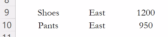FILTER result showing East region rows