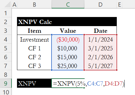 XNPV formula in Excel