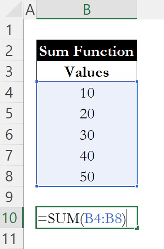 SUM formula entered in Excel