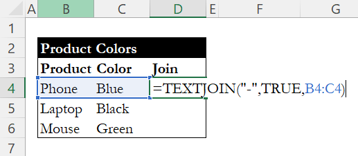 TEXTJOIN formula joining product and color with hyphen