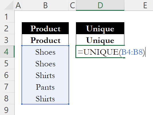 UNIQUE formula in cell D4