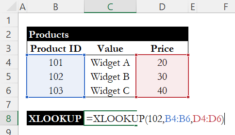 XLOOKUP formula searching for Product ID 102